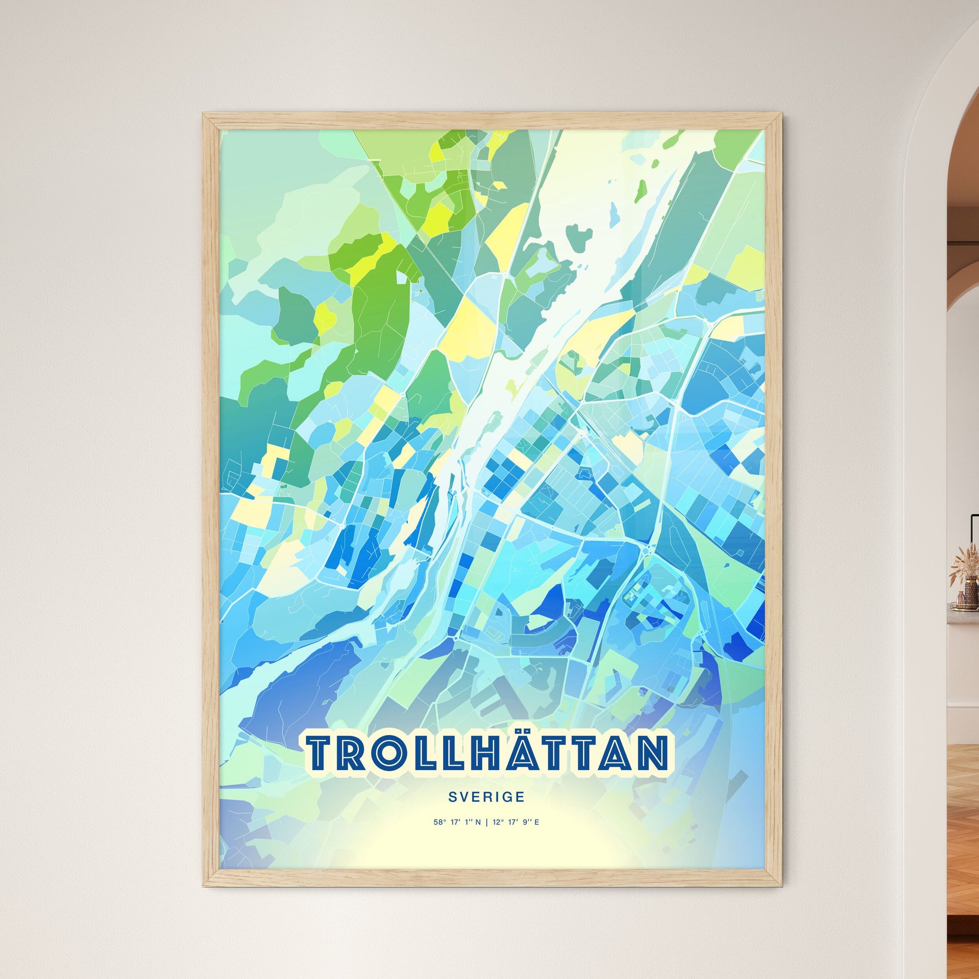 Colorful TROLLHÄTTAN SWEDEN Fine Art Map Cool Blue