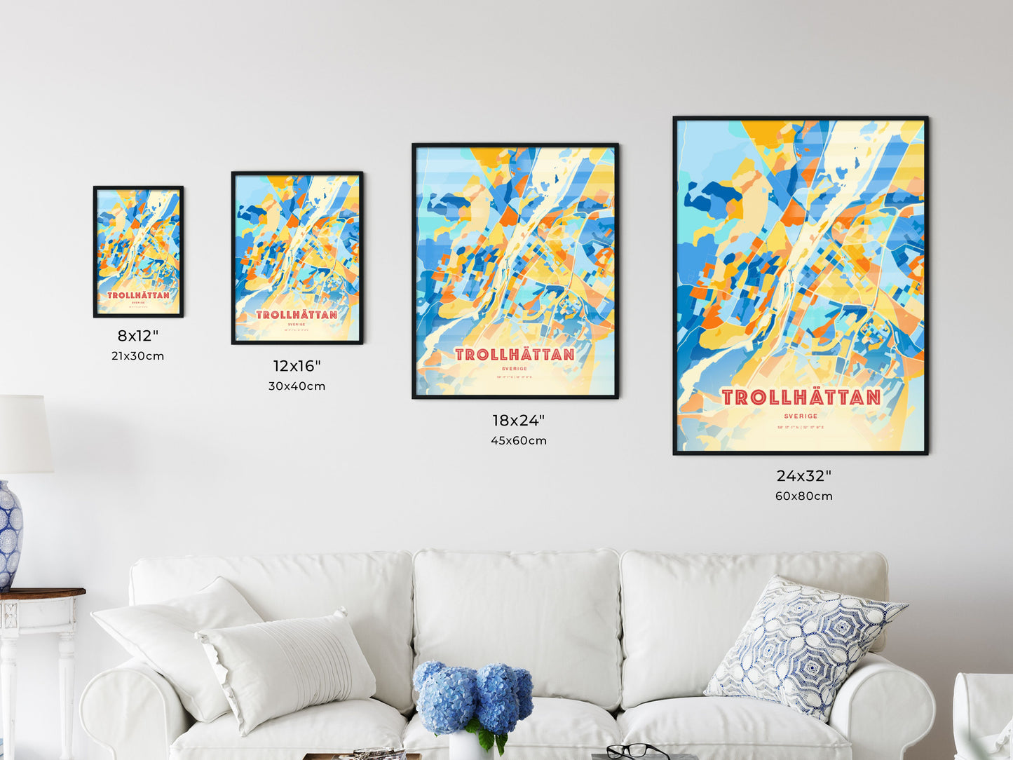 Colorful TROLLHÄTTAN SWEDEN Fine Art Map Blue Orange