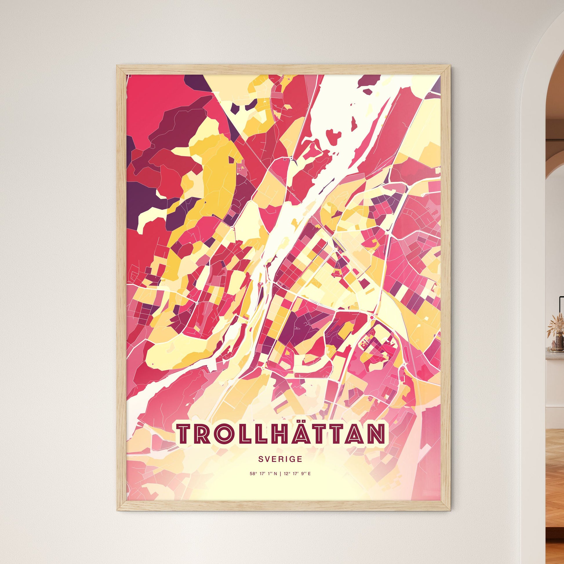 Colorful TROLLHÄTTAN SWEDEN Fine Art Map Hot Red