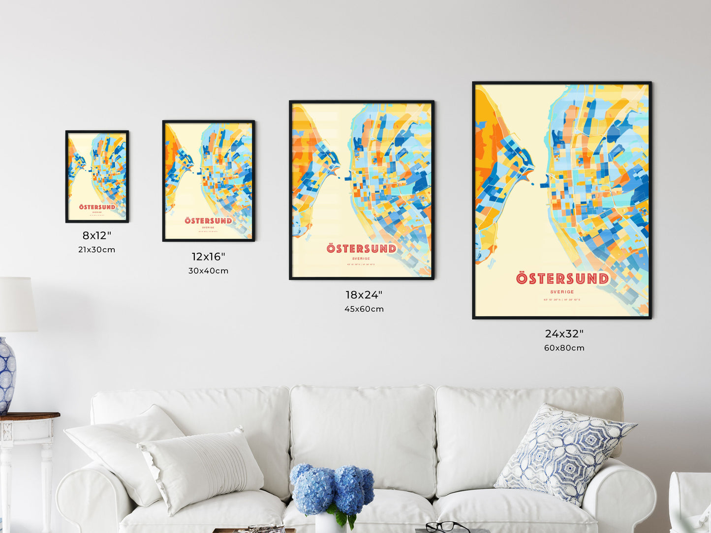 Colorful ÖSTERSUND SWEDEN Fine Art Map Blue Orange