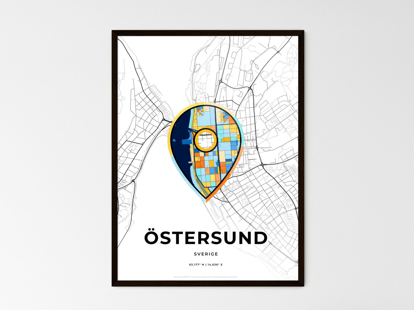 Östersund Sweden wedding art map with pointer icon