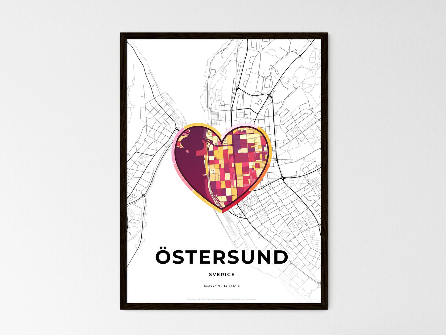 Östersund Sweden wedding art map with heart icon