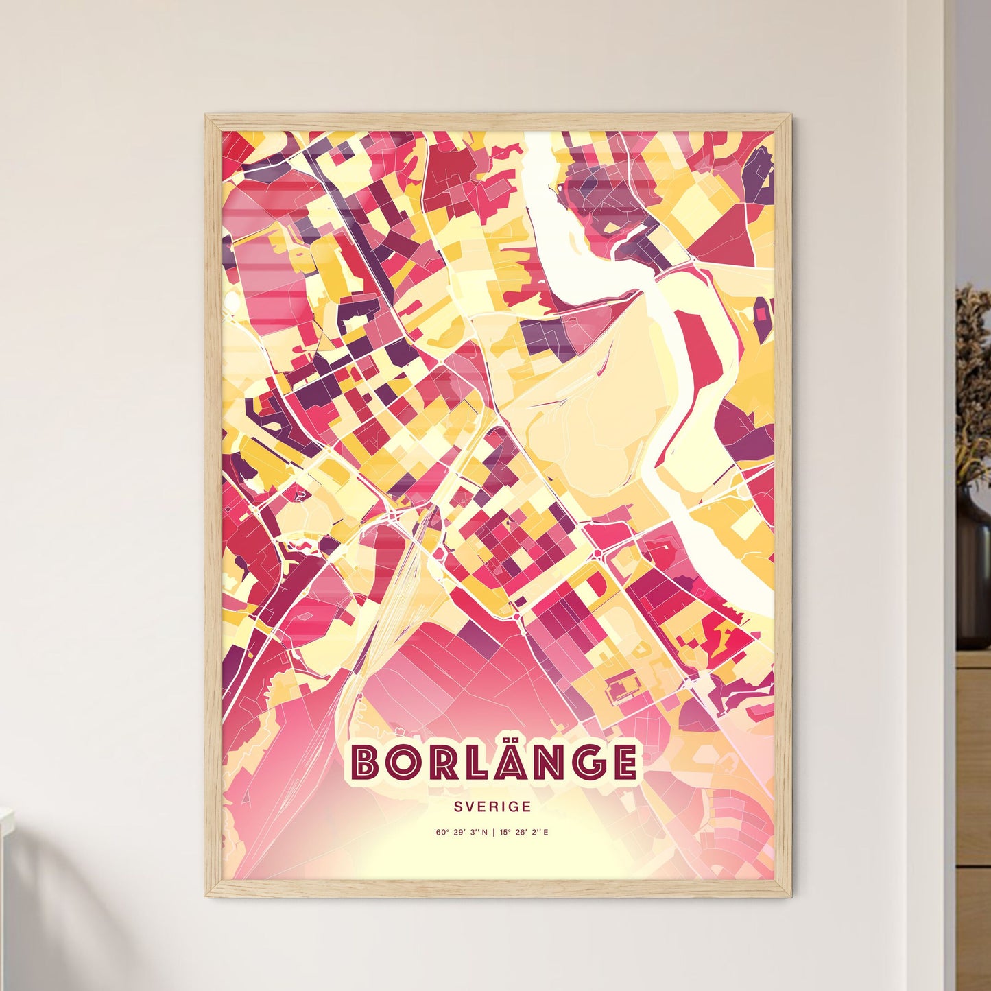 Colorful BORLÄNGE SWEDEN Fine Art Map Hot Red