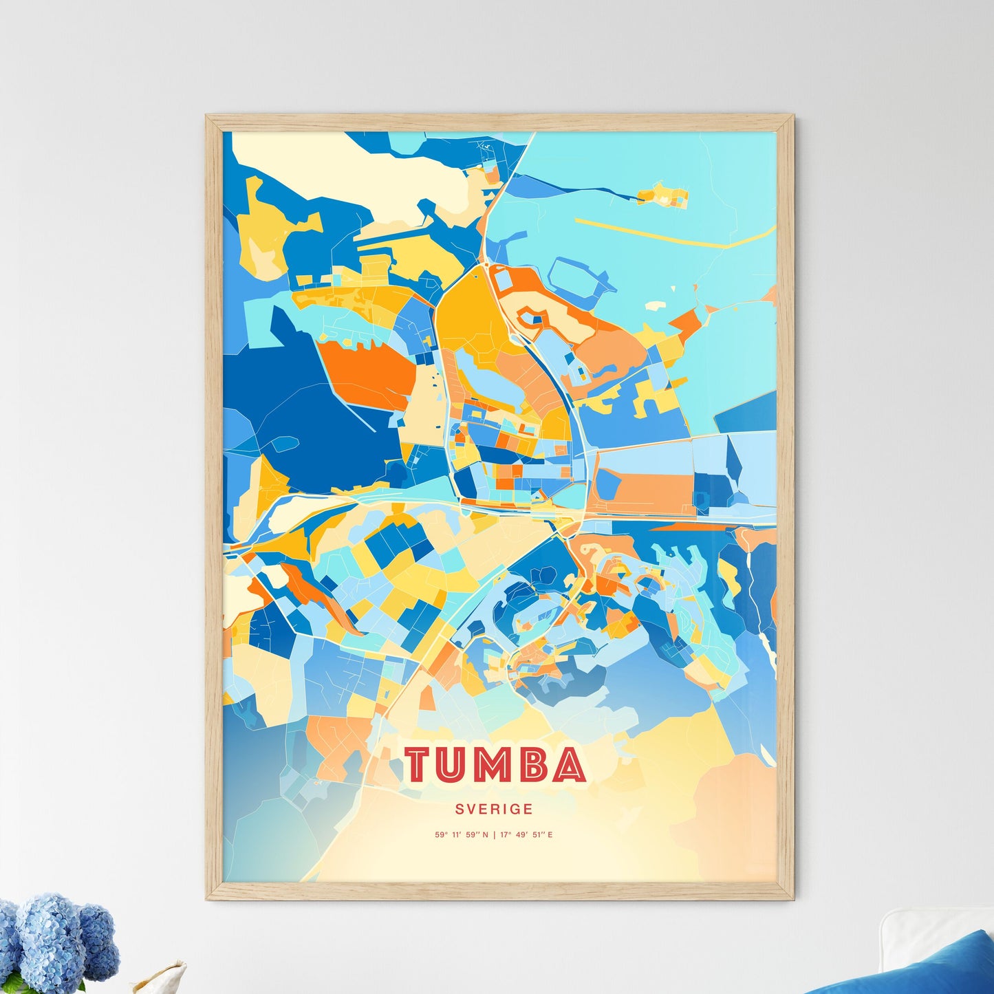 Colorful TUMBA SWEDEN Fine Art Map Blue Orange