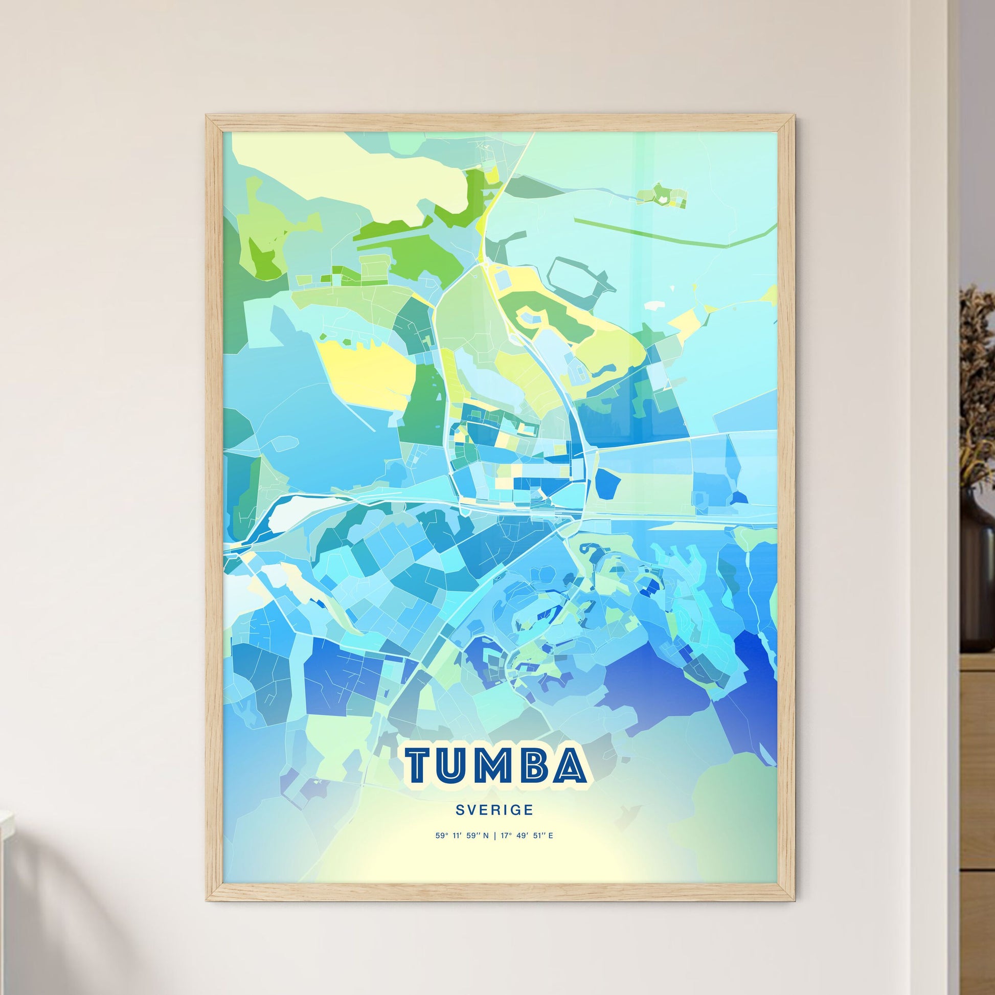 Colorful TUMBA SWEDEN Fine Art Map Cool Blue