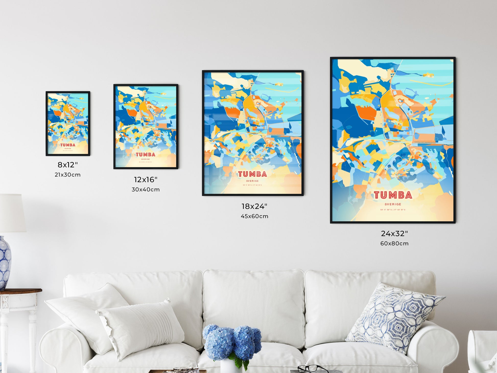 Colorful TUMBA SWEDEN Fine Art Map Blue Orange