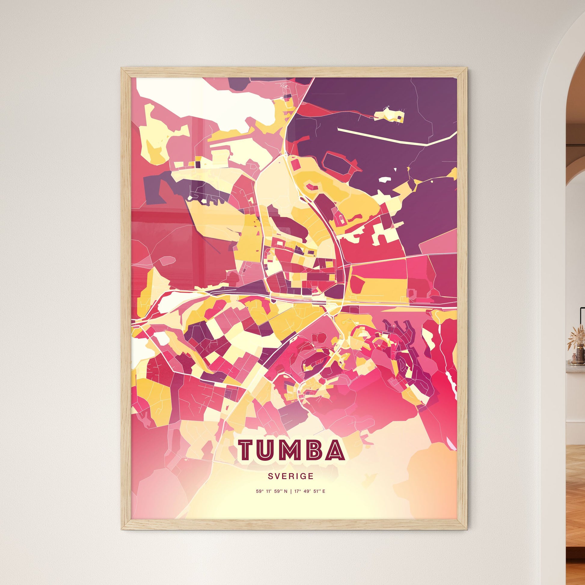 Colorful TUMBA SWEDEN Fine Art Map Hot Red