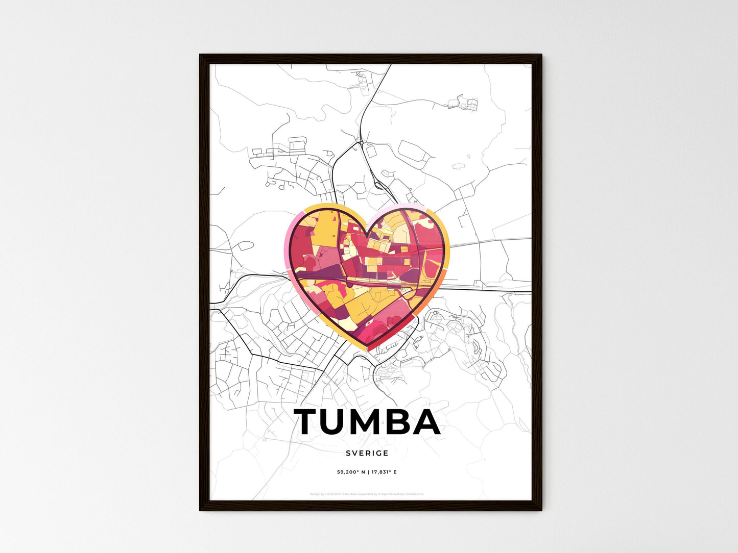 Tumba Sweden wedding art map with heart icon