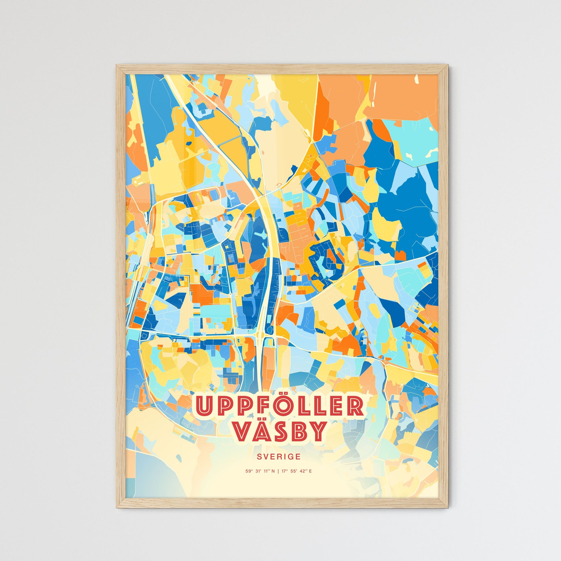 Colorful UPPLANDS VÄSBY SWEDEN Fine Art Map Blue Orange