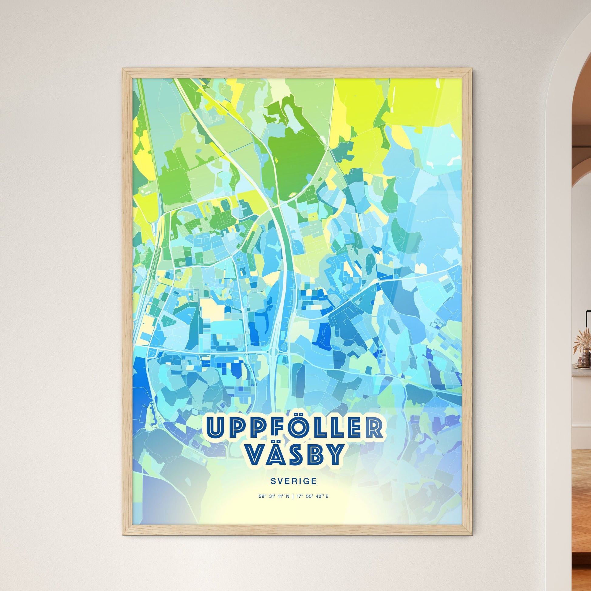 Colorful UPPLANDS VÄSBY SWEDEN Fine Art Map Cool Blue