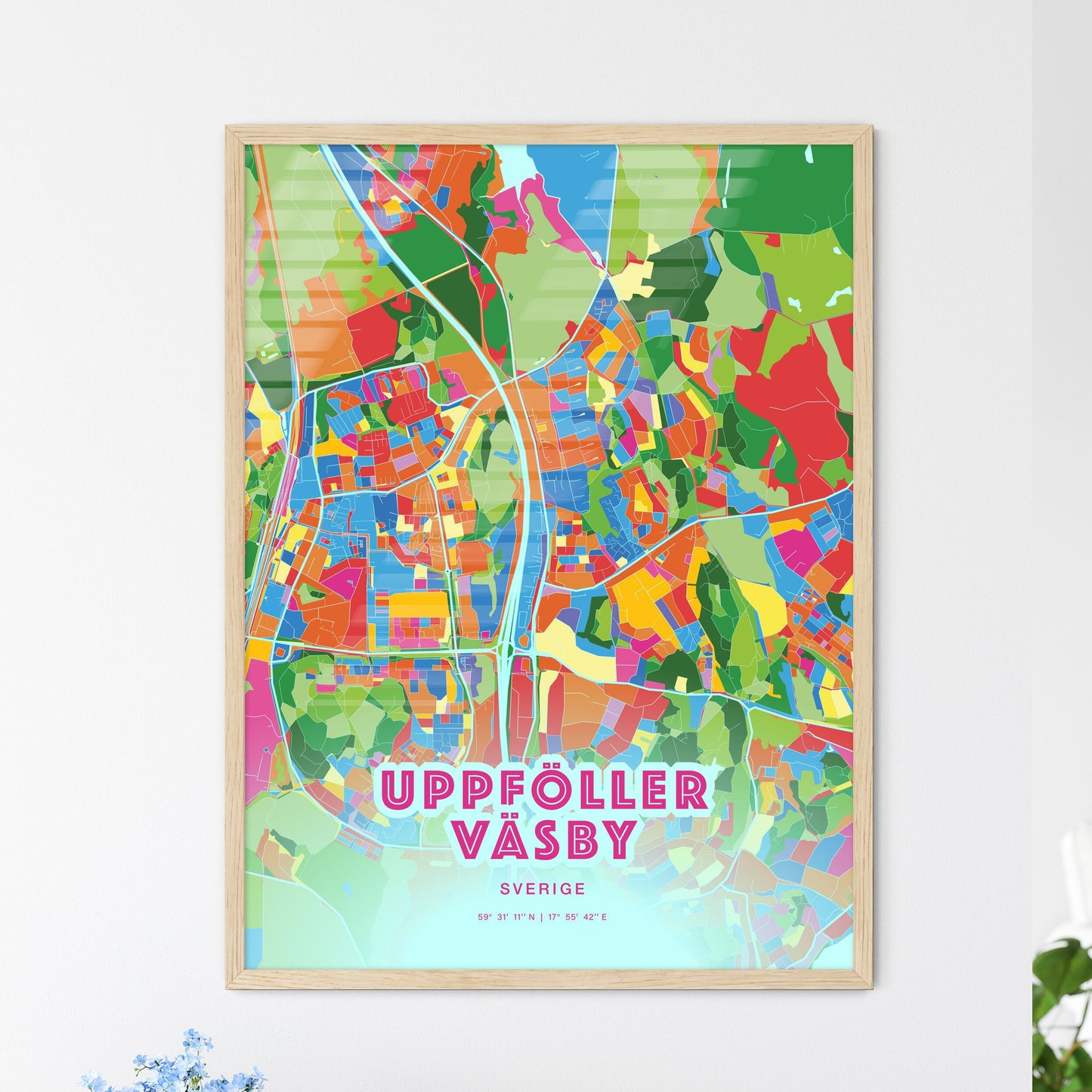 Colorful UPPLANDS VÄSBY SWEDEN Fine Art Map Crazy Colors