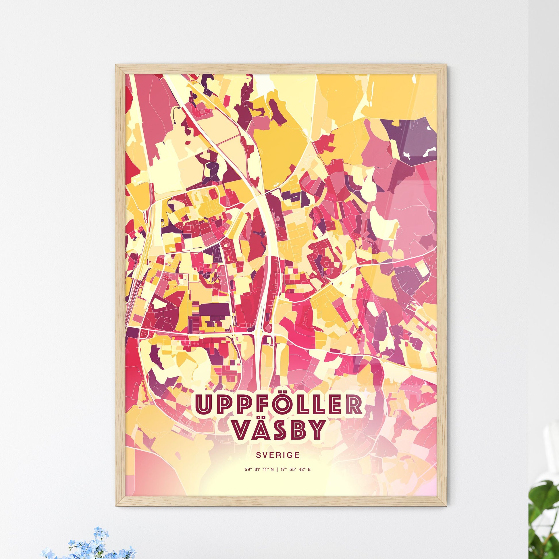 Colorful UPPLANDS VÄSBY SWEDEN Fine Art Map Hot Red