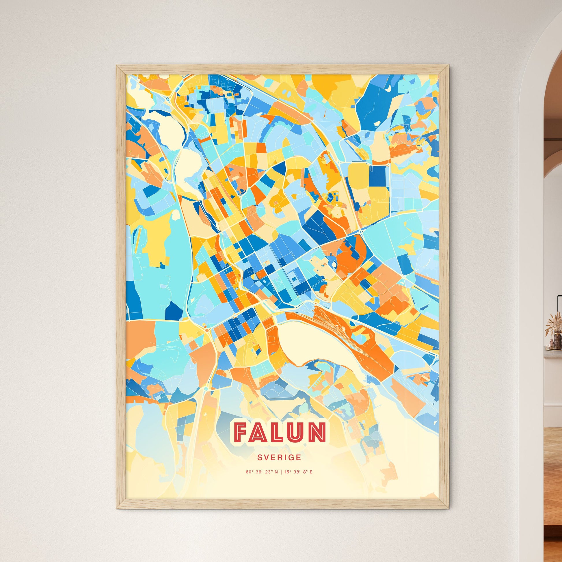 Colorful FALUN SWEDEN Fine Art Map Blue Orange