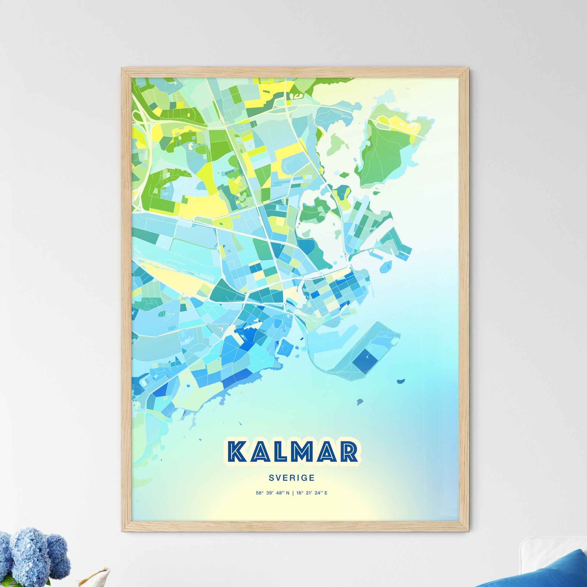 Colorful KALMAR SWEDEN Fine Art Map Cool Blue