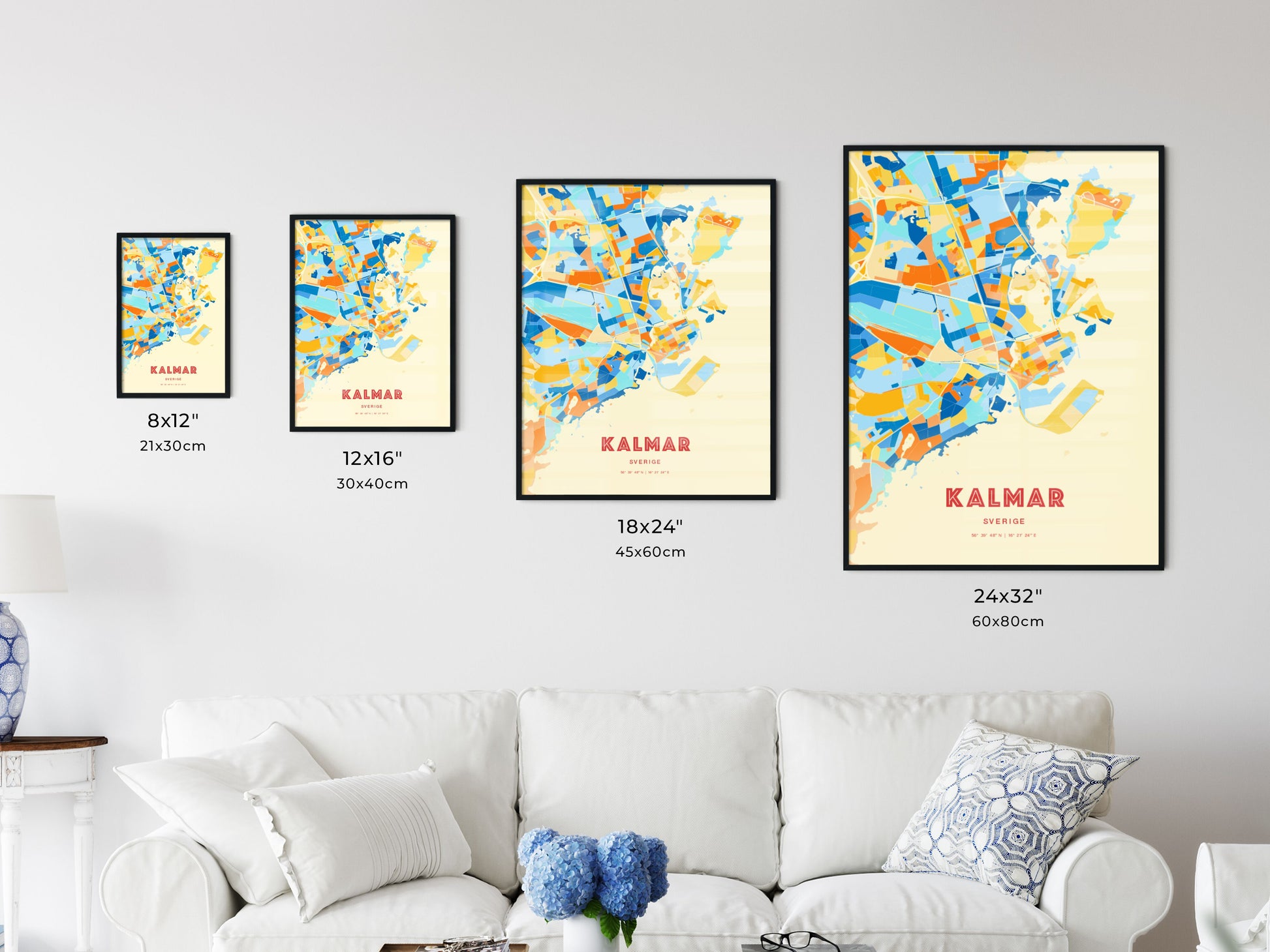 Colorful KALMAR SWEDEN Fine Art Map Blue Orange