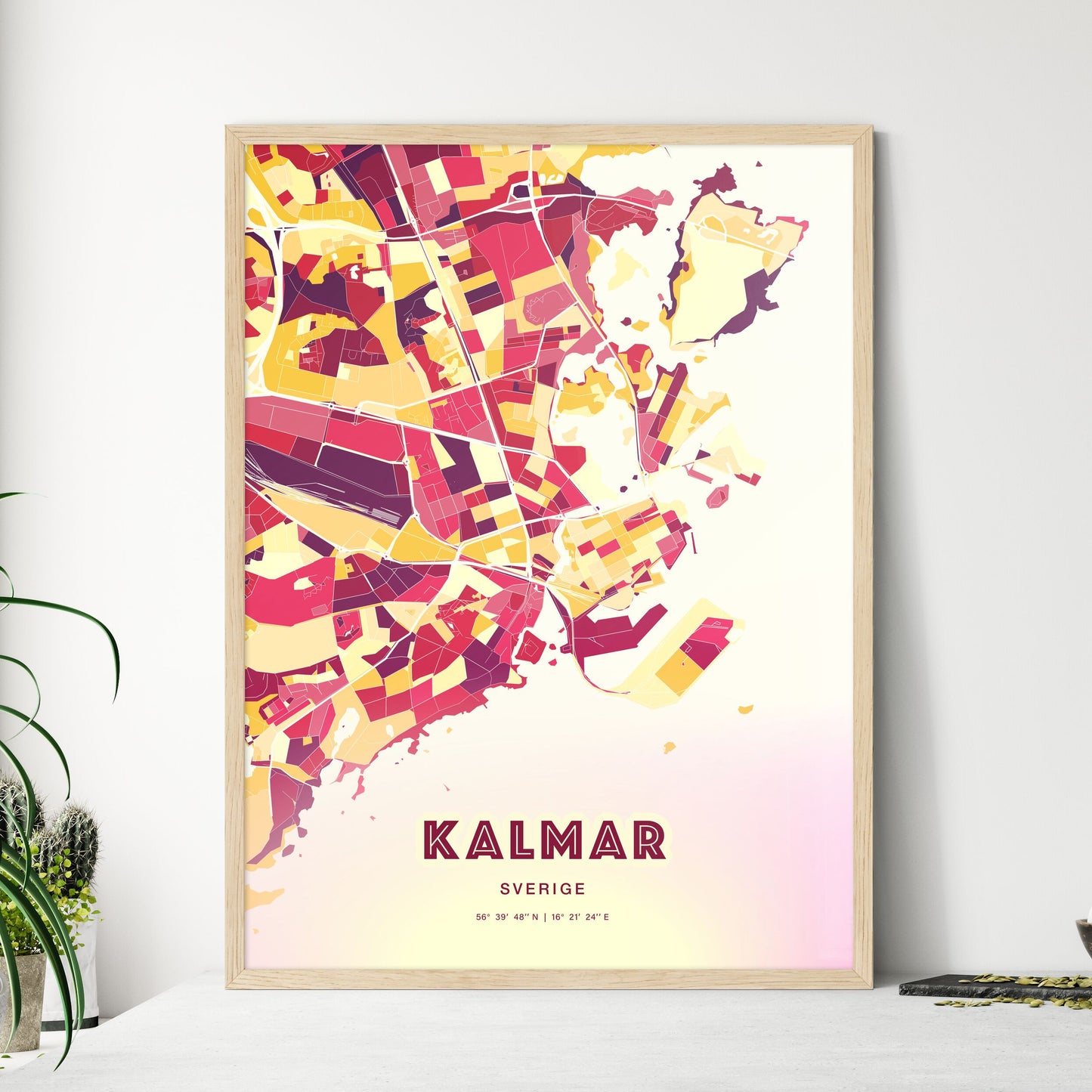 Colorful KALMAR SWEDEN Fine Art Map Hot Red