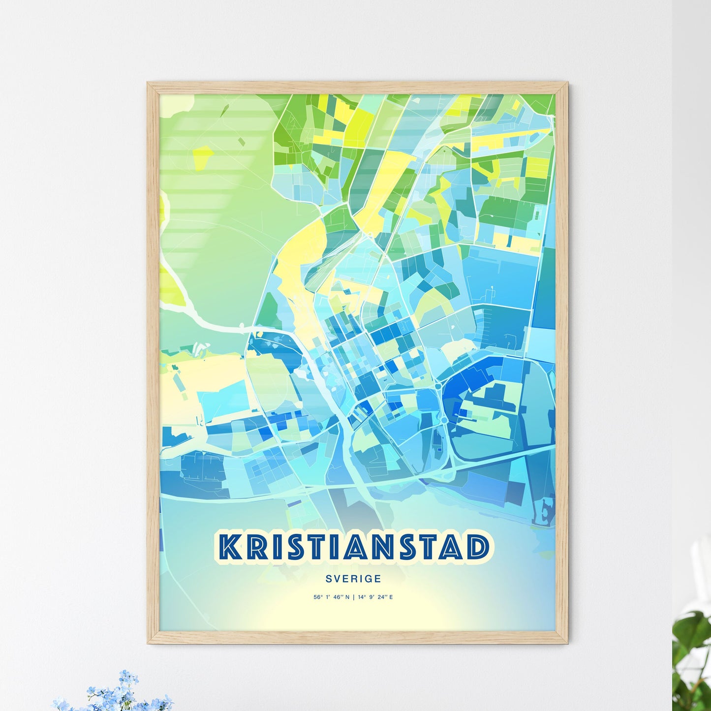 Colorful KRISTIANSTAD SWEDEN Fine Art Map Cool Blue