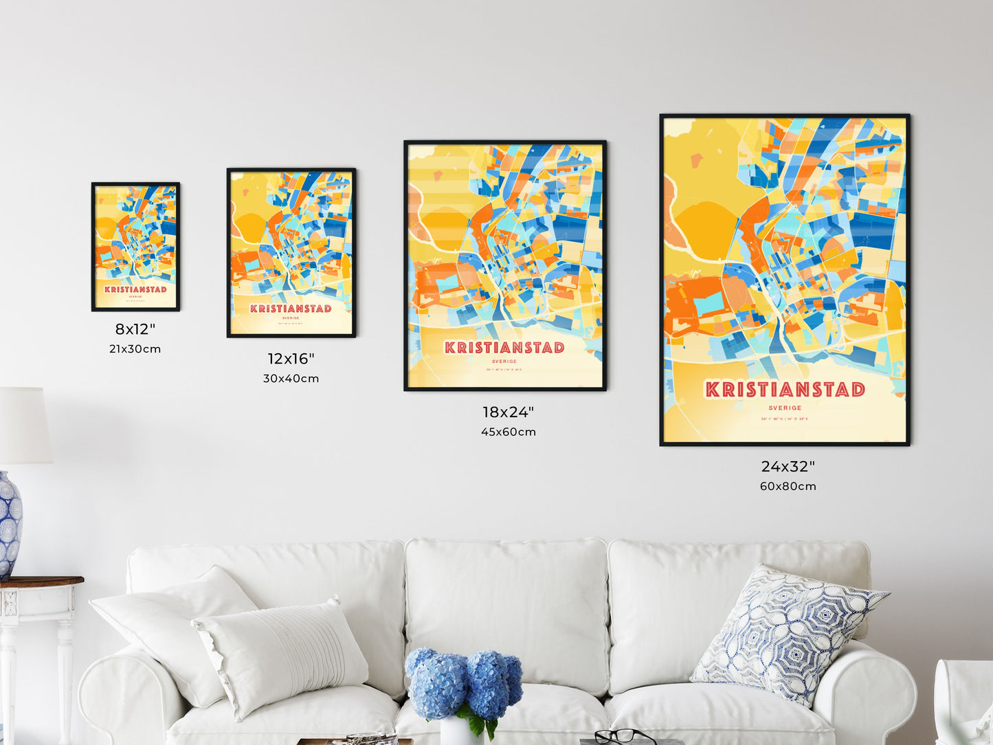 Colorful KRISTIANSTAD SWEDEN Fine Art Map Blue Orange