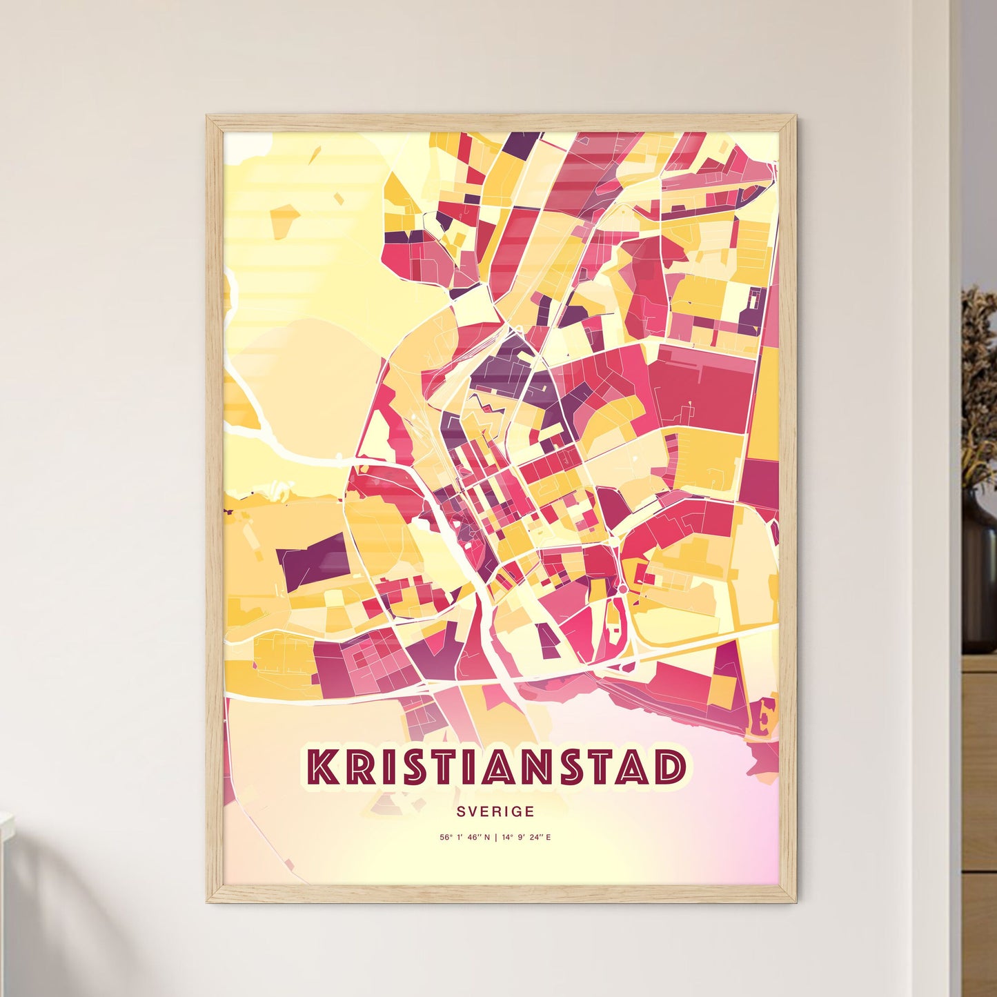 Colorful KRISTIANSTAD SWEDEN Fine Art Map Hot Red