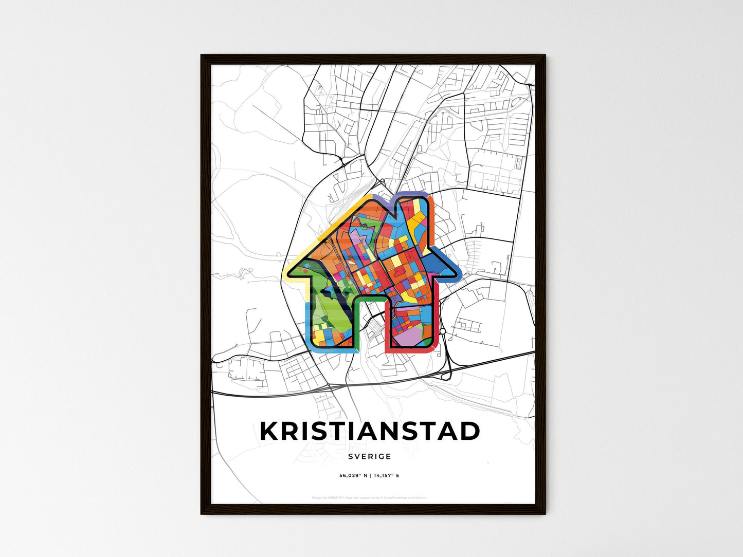 KRISTIANSTAD SWEDEN minimal art map with a colorful icon. Where it all began, Couple map gift. Style 3