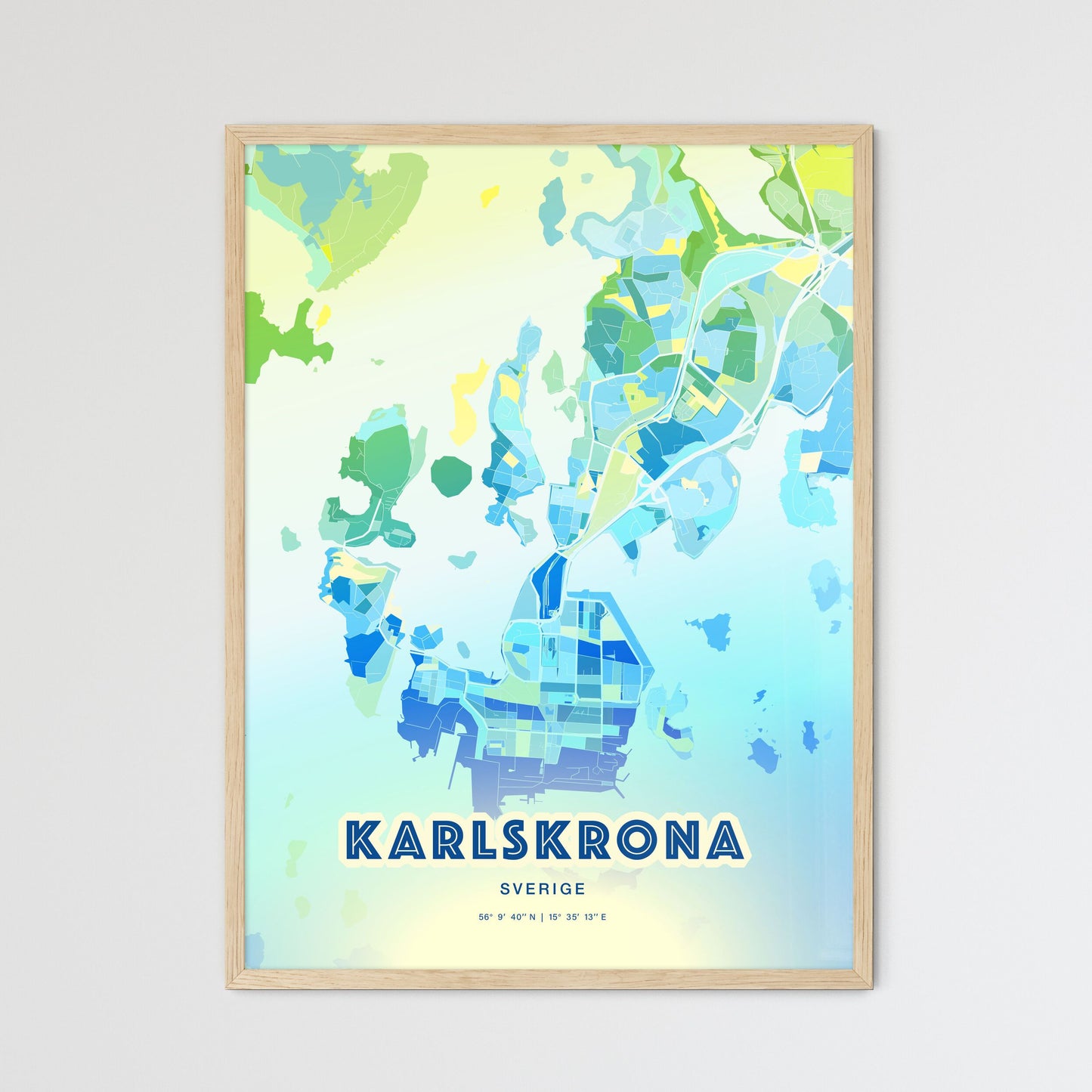 Colorful KARLSKRONA SWEDEN Fine Art Map Cool Blue