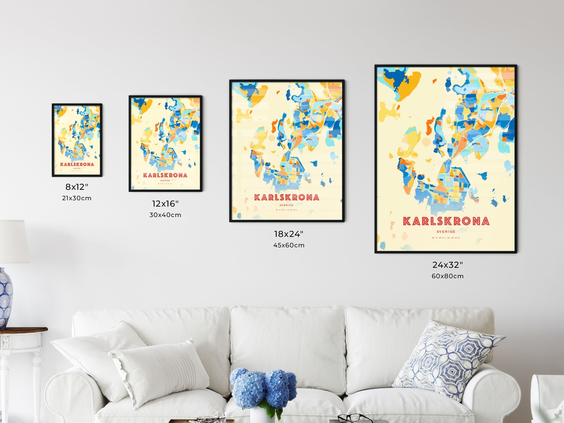 Colorful KARLSKRONA SWEDEN Fine Art Map Blue Orange