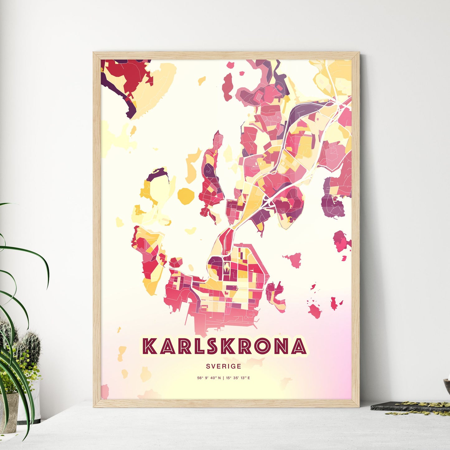 Colorful KARLSKRONA SWEDEN Fine Art Map Hot Red