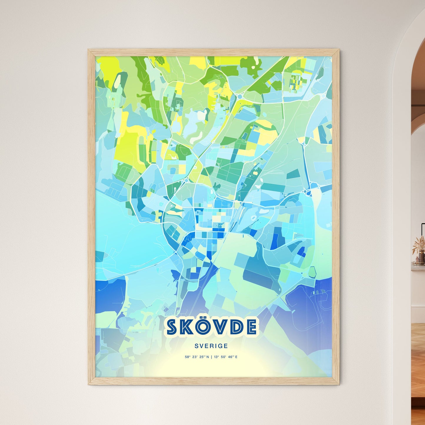 Colorful SKÖVDE SWEDEN Fine Art Map Cool Blue