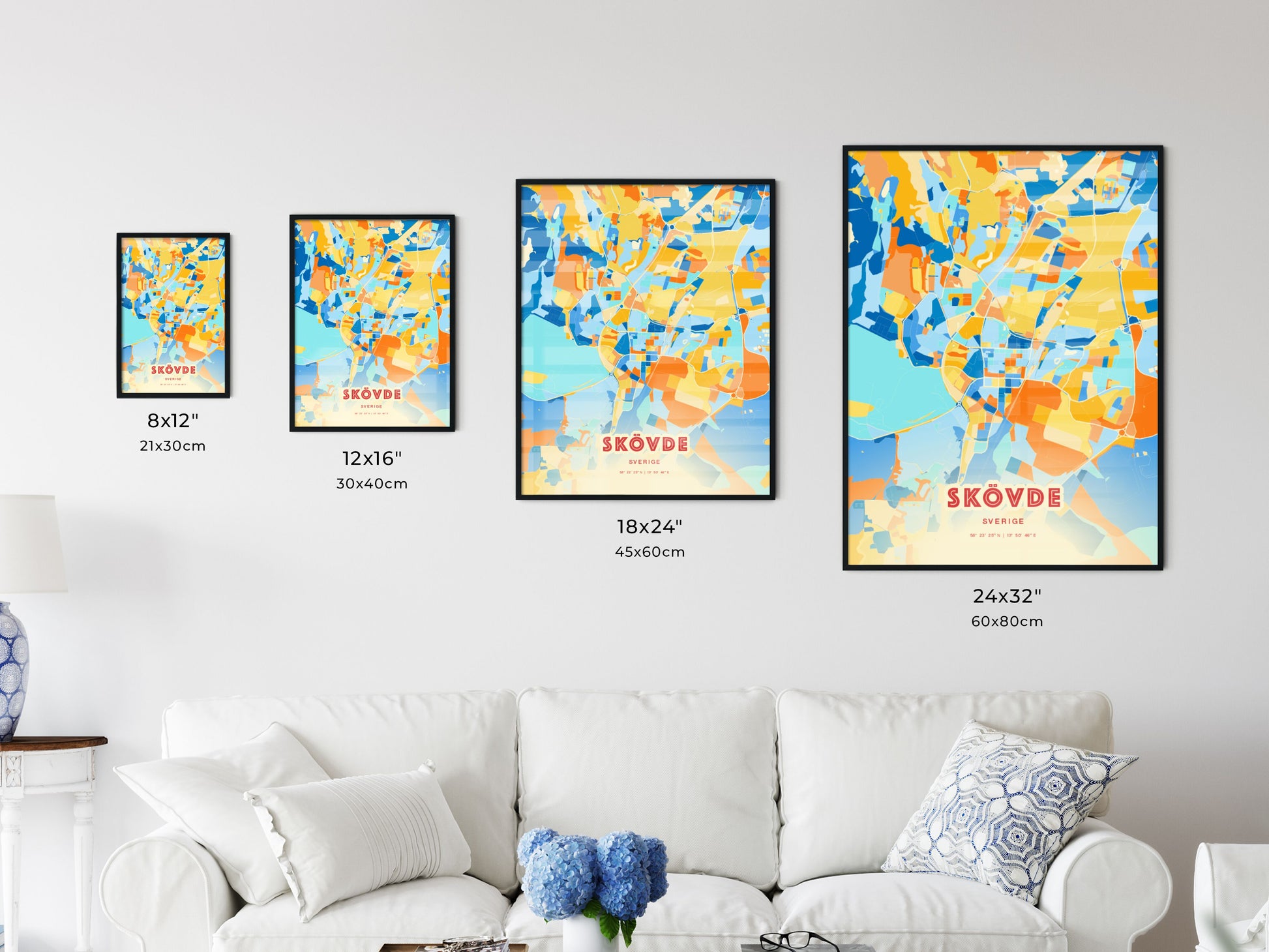 Colorful SKÖVDE SWEDEN Fine Art Map Blue Orange