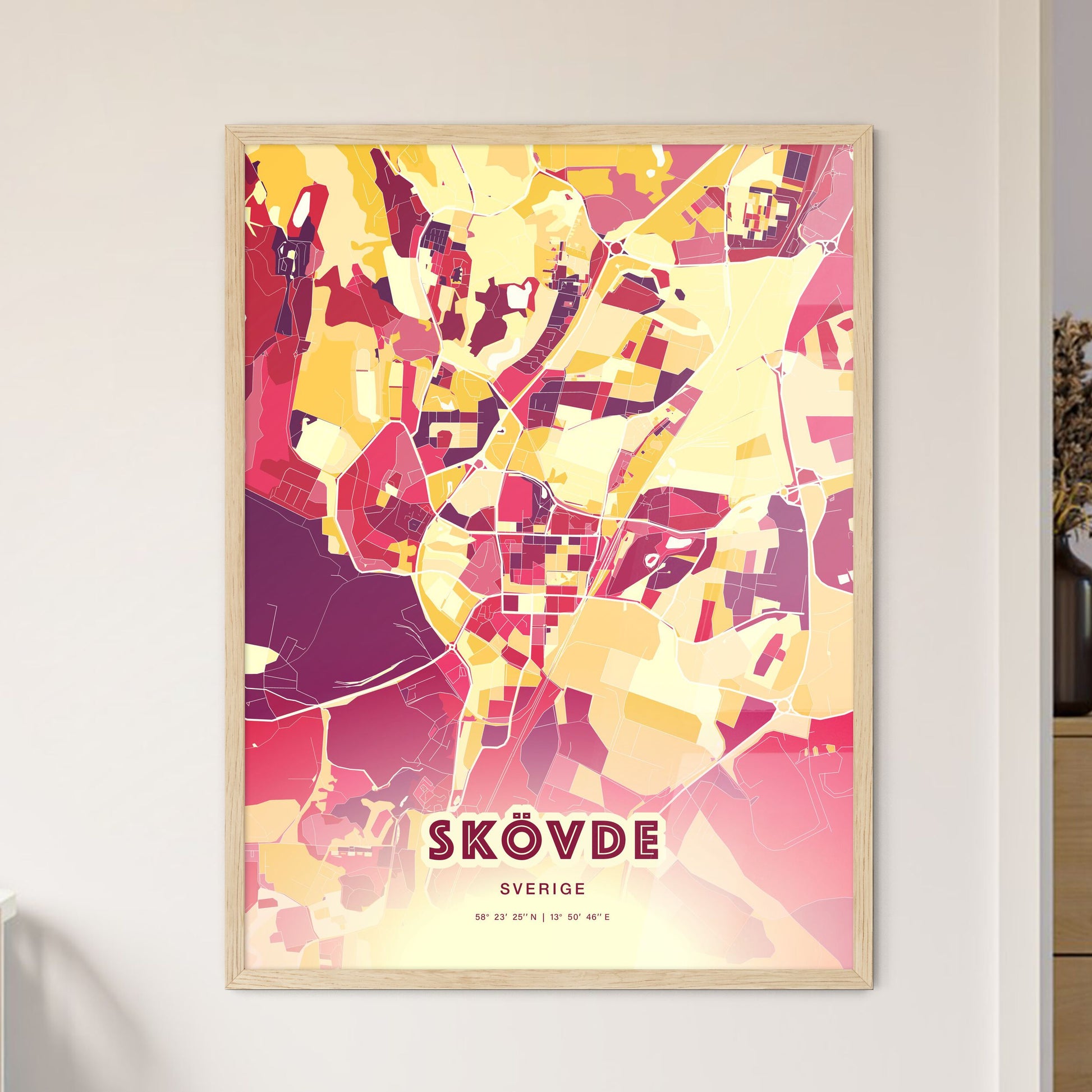 Colorful SKÖVDE SWEDEN Fine Art Map Hot Red