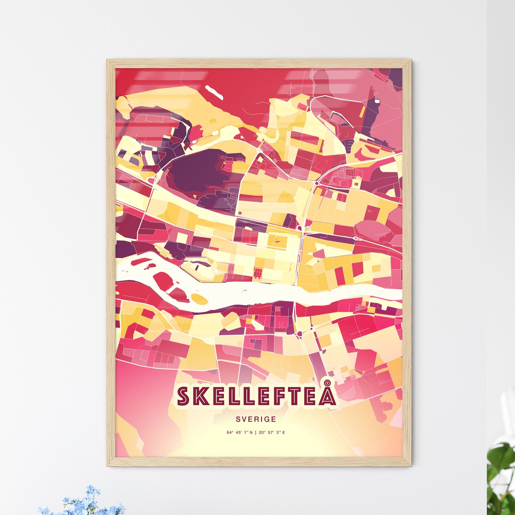 Colorful SKELLEFTEÅ SWEDEN Fine Art Map Hot Red