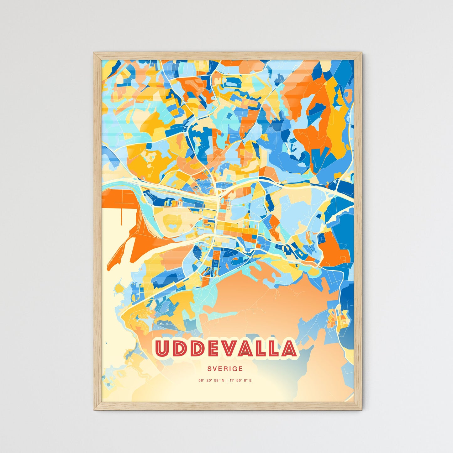 Colorful UDDEVALLA SWEDEN Fine Art Map Blue Orange