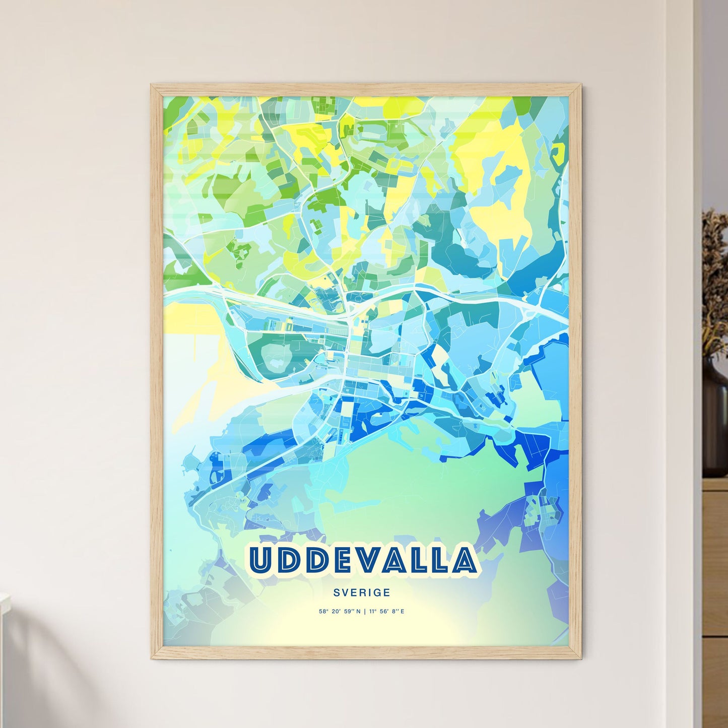 Colorful UDDEVALLA SWEDEN Fine Art Map Cool Blue