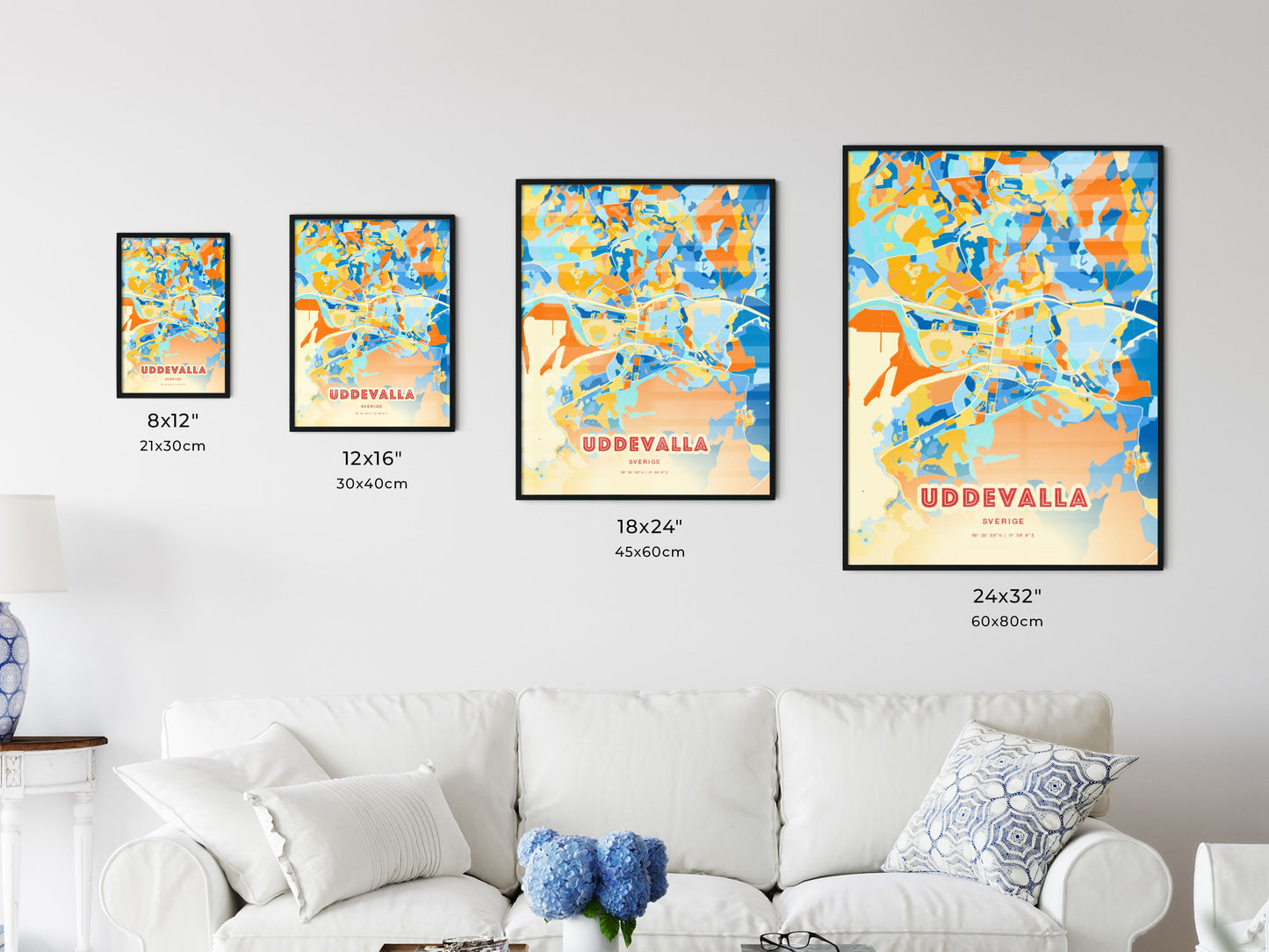 Colorful UDDEVALLA SWEDEN Fine Art Map Blue Orange