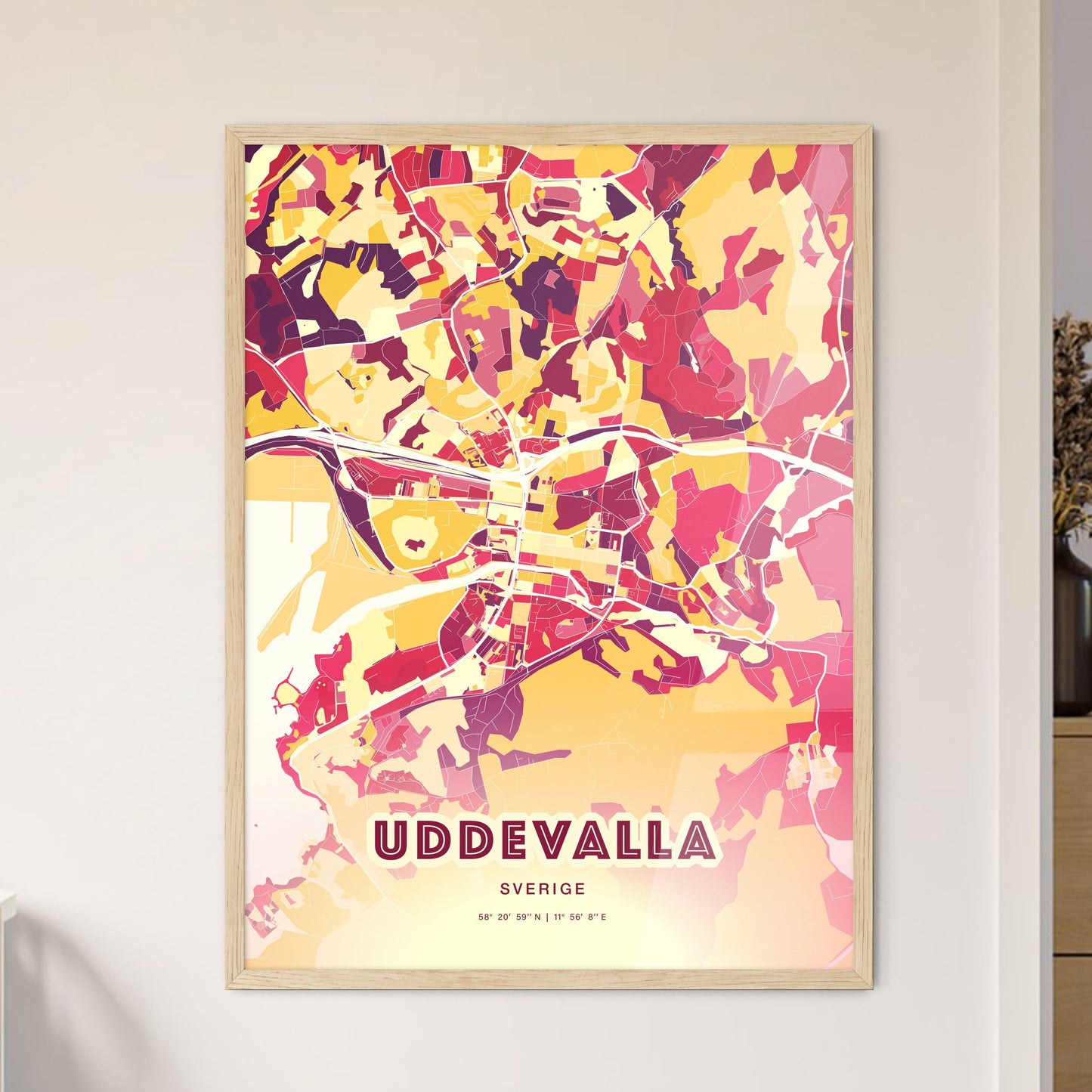 Colorful UDDEVALLA SWEDEN Fine Art Map Hot Red