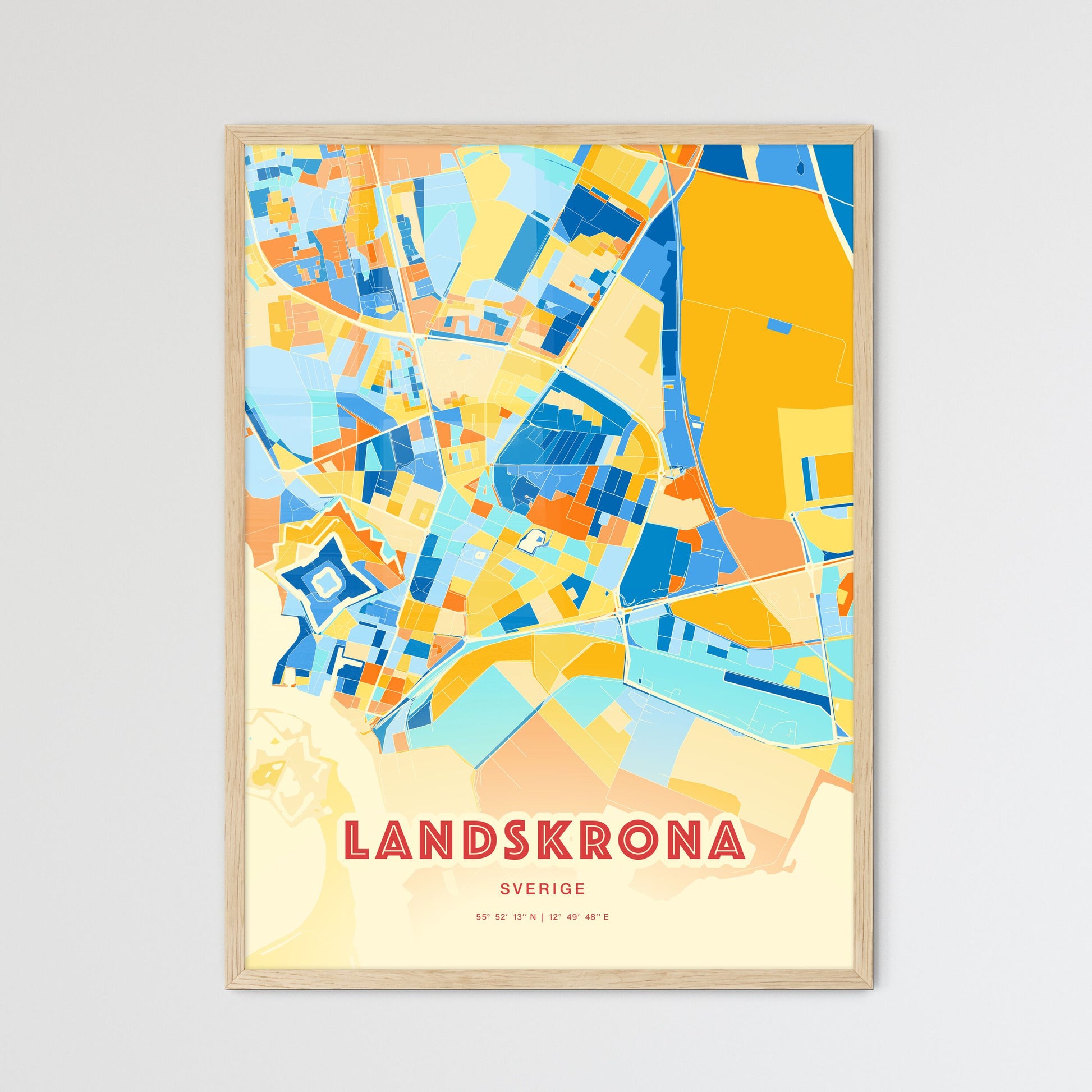 Colorful LANDSKRONA SWEDEN Fine Art Map Blue Orange