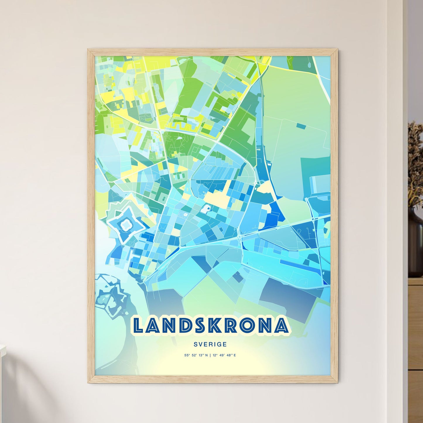 Colorful LANDSKRONA SWEDEN Fine Art Map Cool Blue