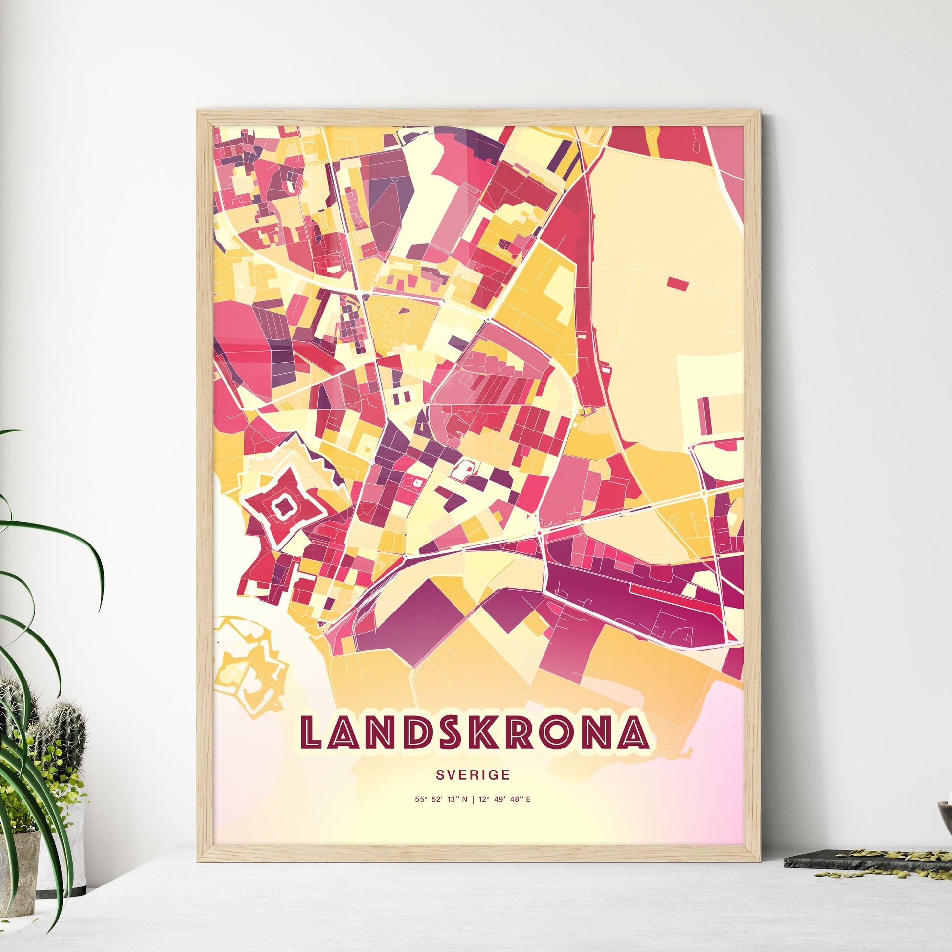 Colorful LANDSKRONA SWEDEN Fine Art Map Hot Red