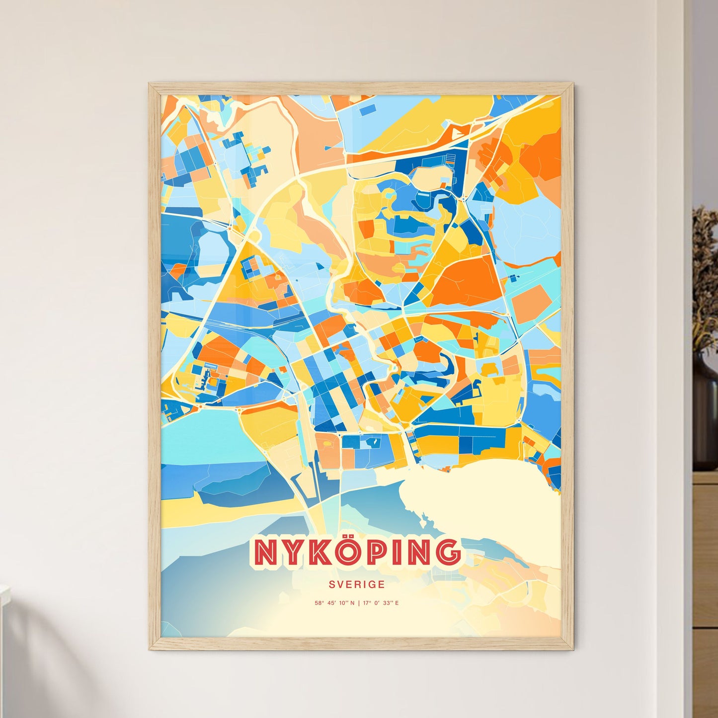 Colorful NYKÖPING SWEDEN Fine Art Map Blue Orange