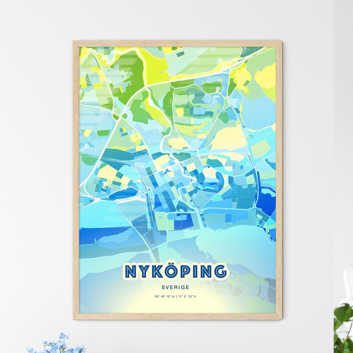 Colorful NYKÖPING SWEDEN Fine Art Map Cool Blue