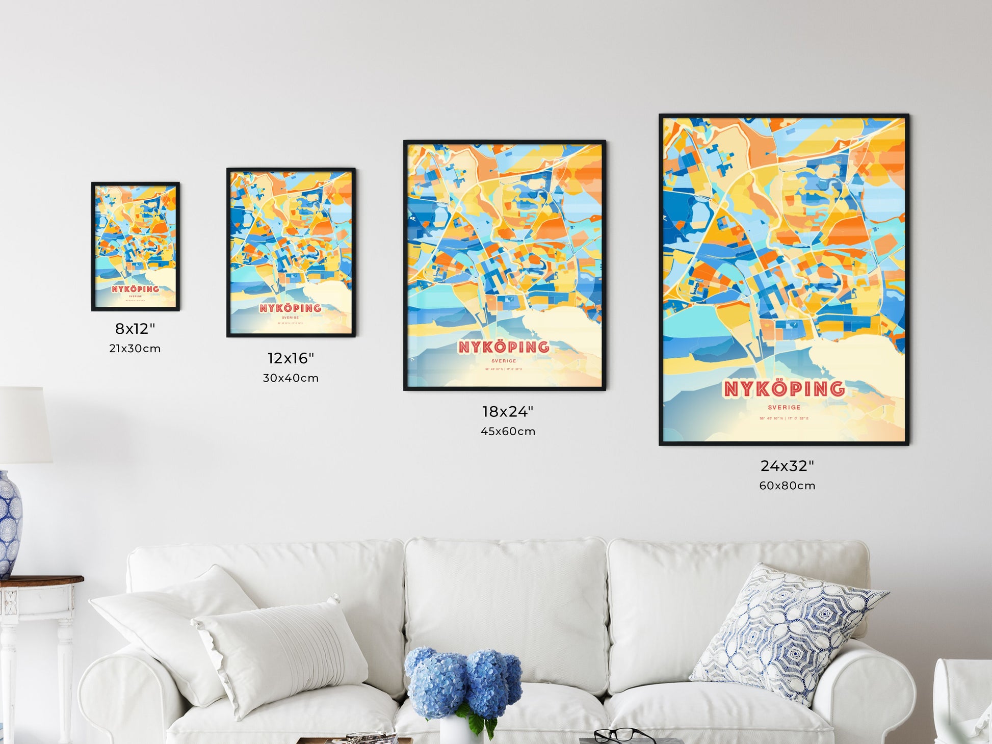 Colorful NYKÖPING SWEDEN Fine Art Map Blue Orange