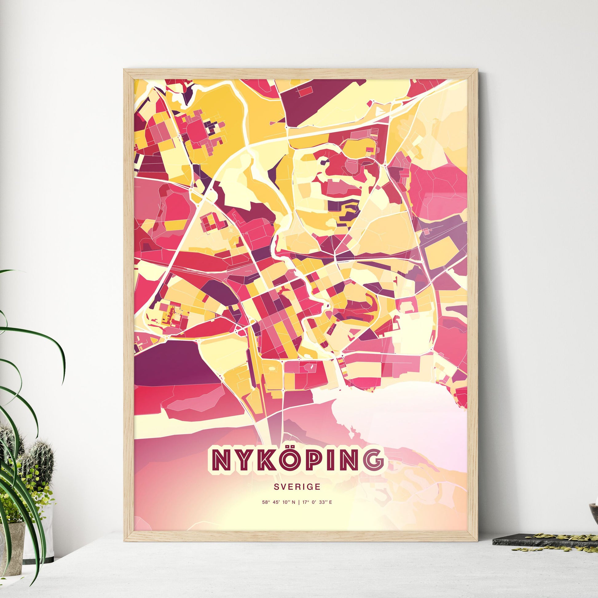 Colorful NYKÖPING SWEDEN Fine Art Map Hot Red