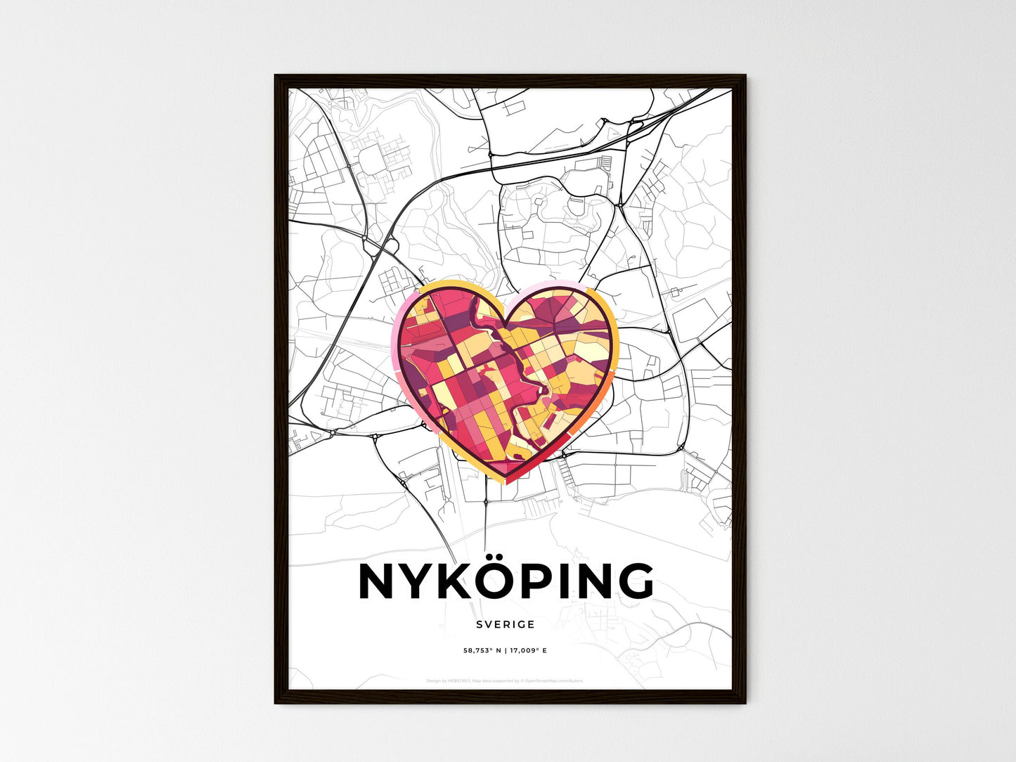 Nyköping Sweden wedding art map with heart icon