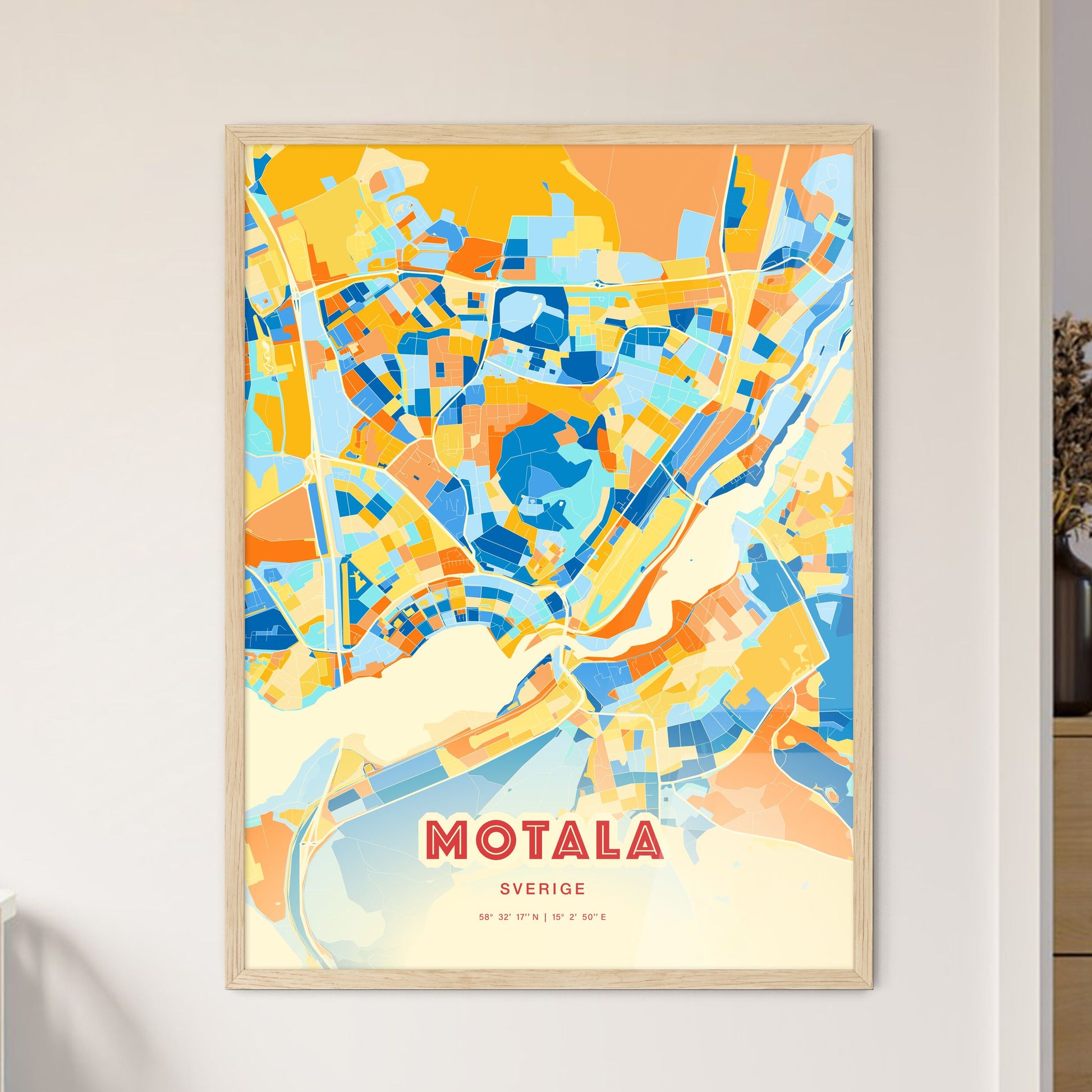 Colorful MOTALA SWEDEN Fine Art Map Blue Orange