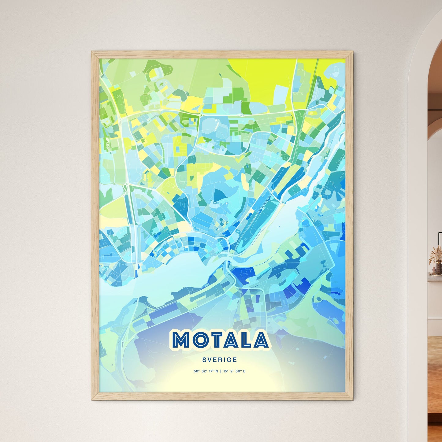 Colorful MOTALA SWEDEN Fine Art Map Cool Blue