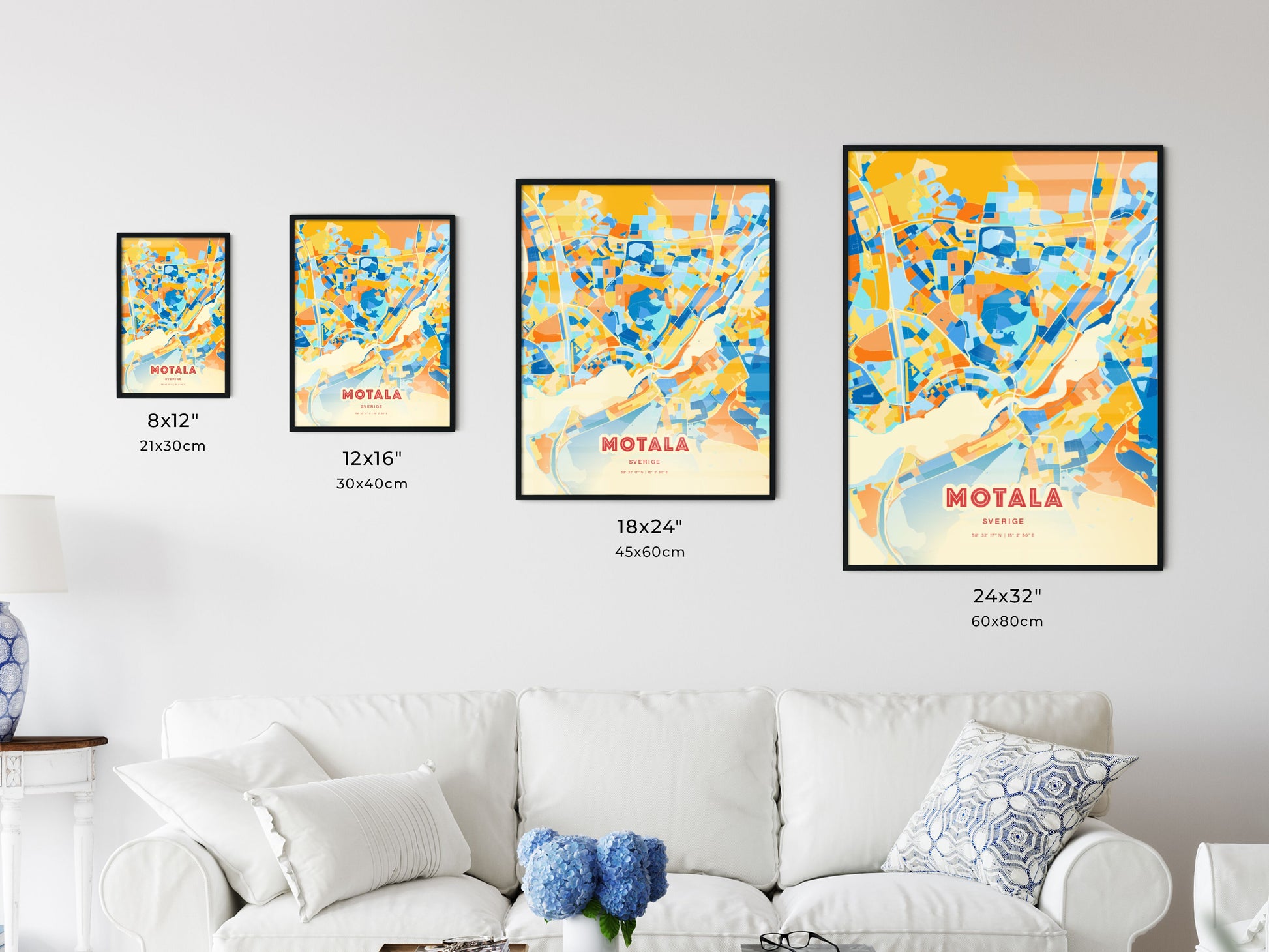 Colorful MOTALA SWEDEN Fine Art Map Blue Orange