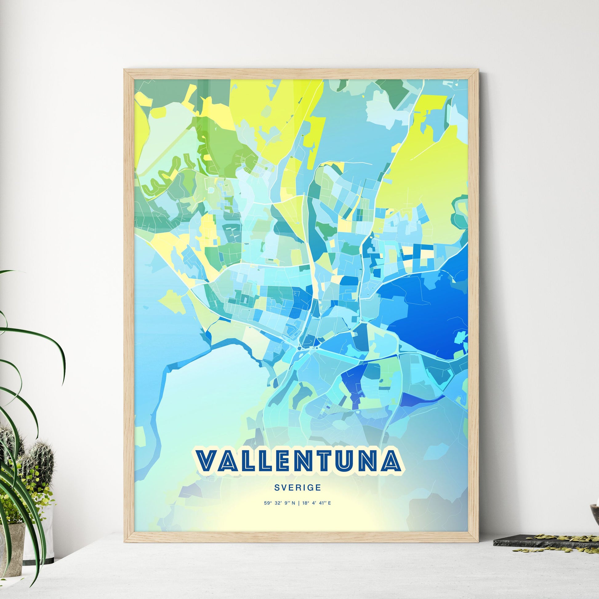 Colorful VALLENTUNA SWEDEN Fine Art Map Cool Blue