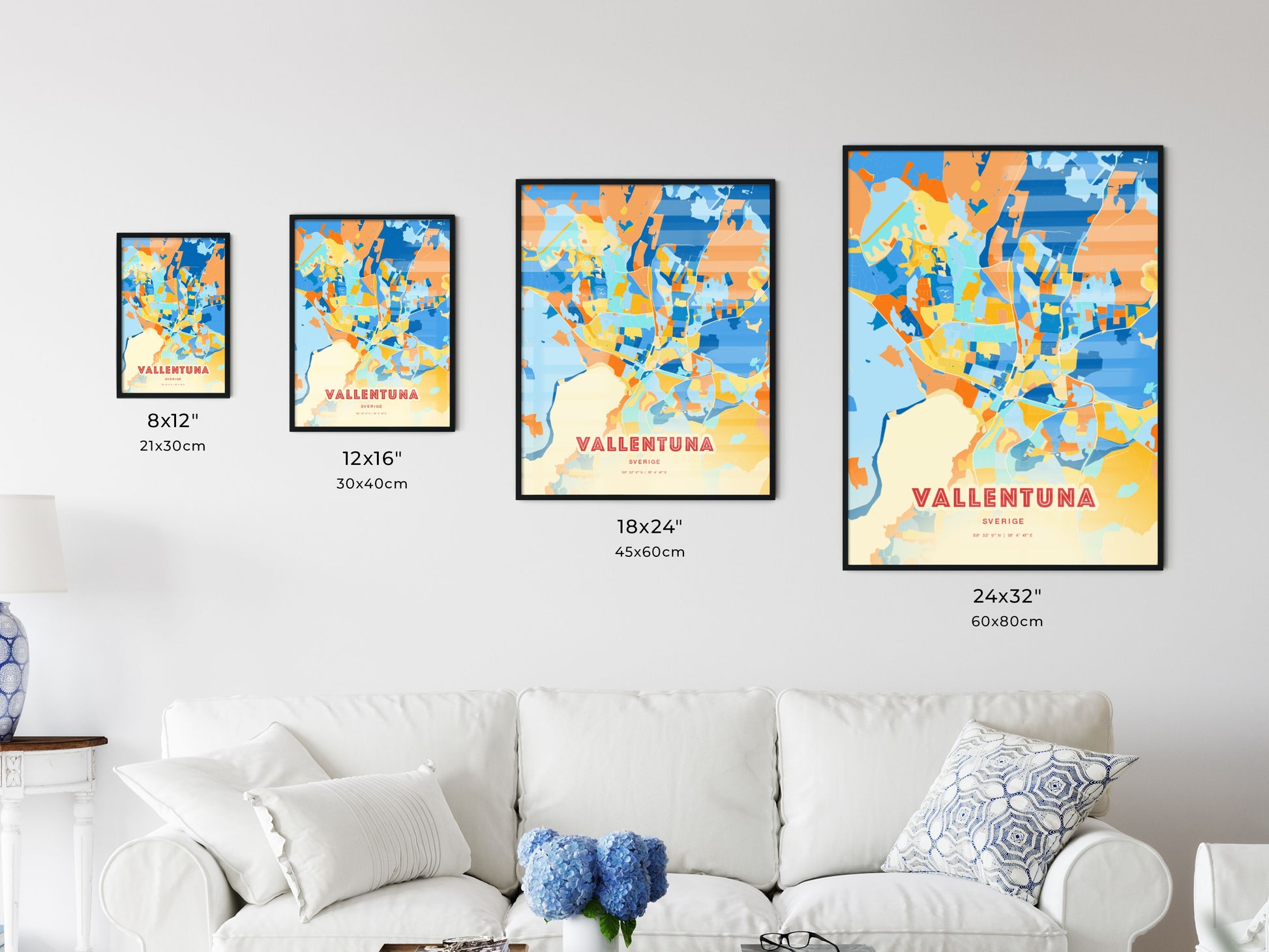 Colorful VALLENTUNA SWEDEN Fine Art Map Blue Orange