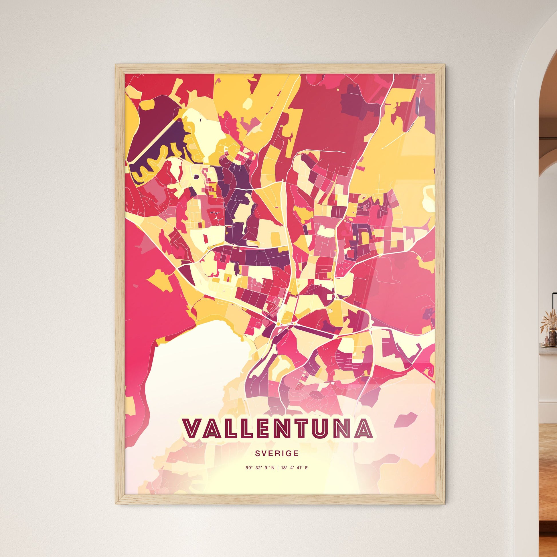 Colorful VALLENTUNA SWEDEN Fine Art Map Hot Red