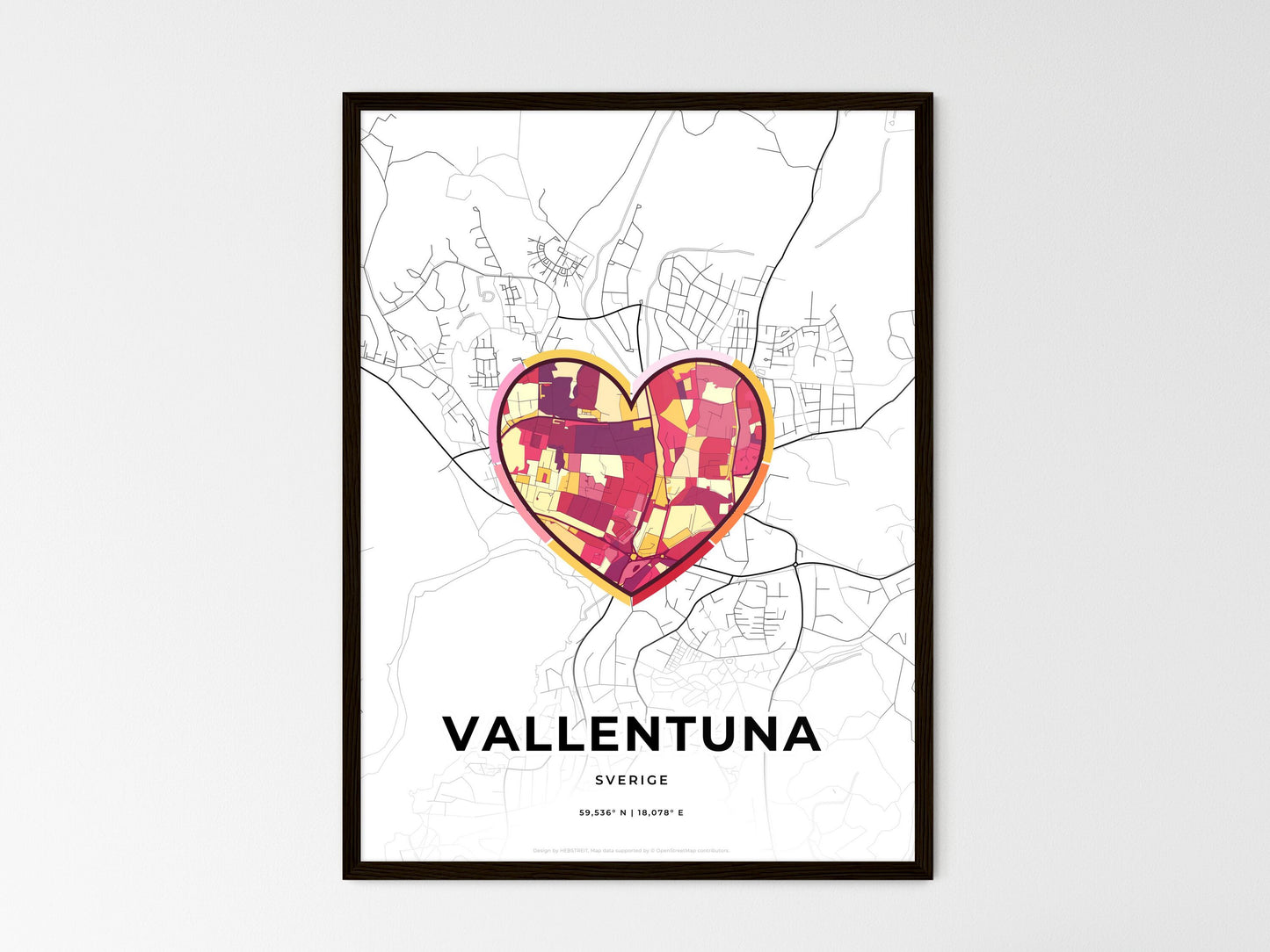 Vallentuna Sweden wedding art map with heart icon